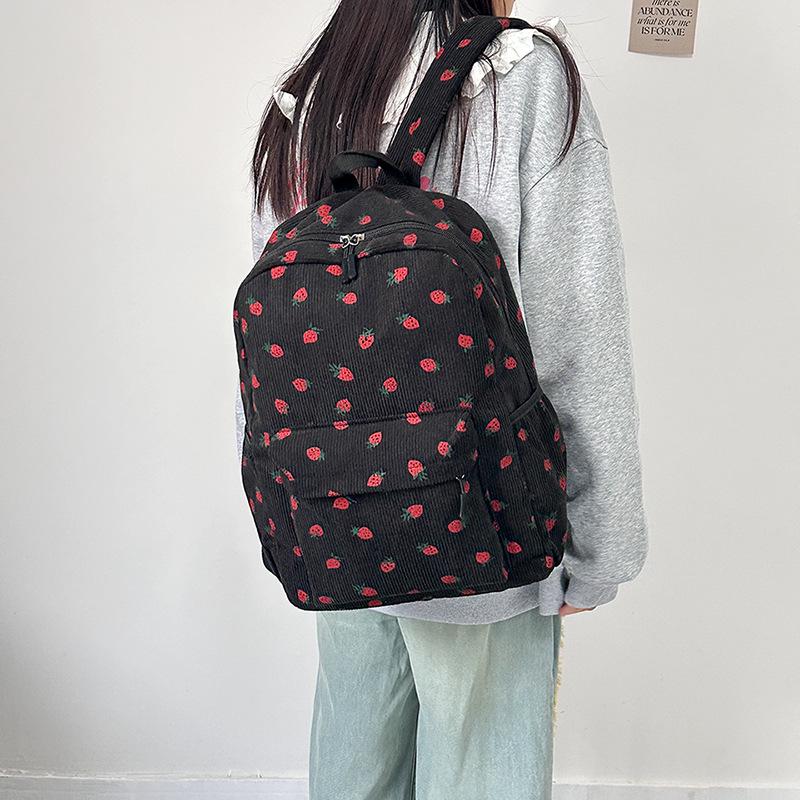 Korean Style Corduroy Strawberry Backpack for Trendy College Girls