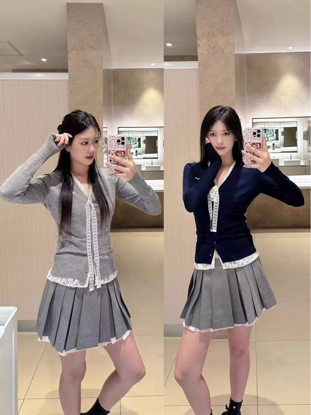 Nanyou Early Spring College-Style Lace Trim Pleated A-Line Short Skirt for Women Large