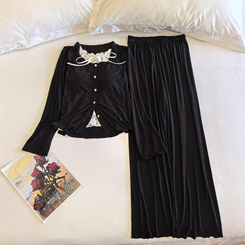 Chunqiu Damen Süßes Spitzen Modal Viskose Pyjama-Set mit Brustpolster - Langarm & Hose