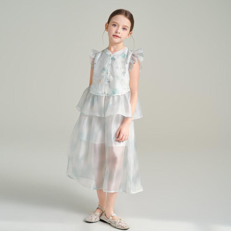 Montagut Girls' Ink Wash Floral Embroidery Sleeveless Two-Piece Set