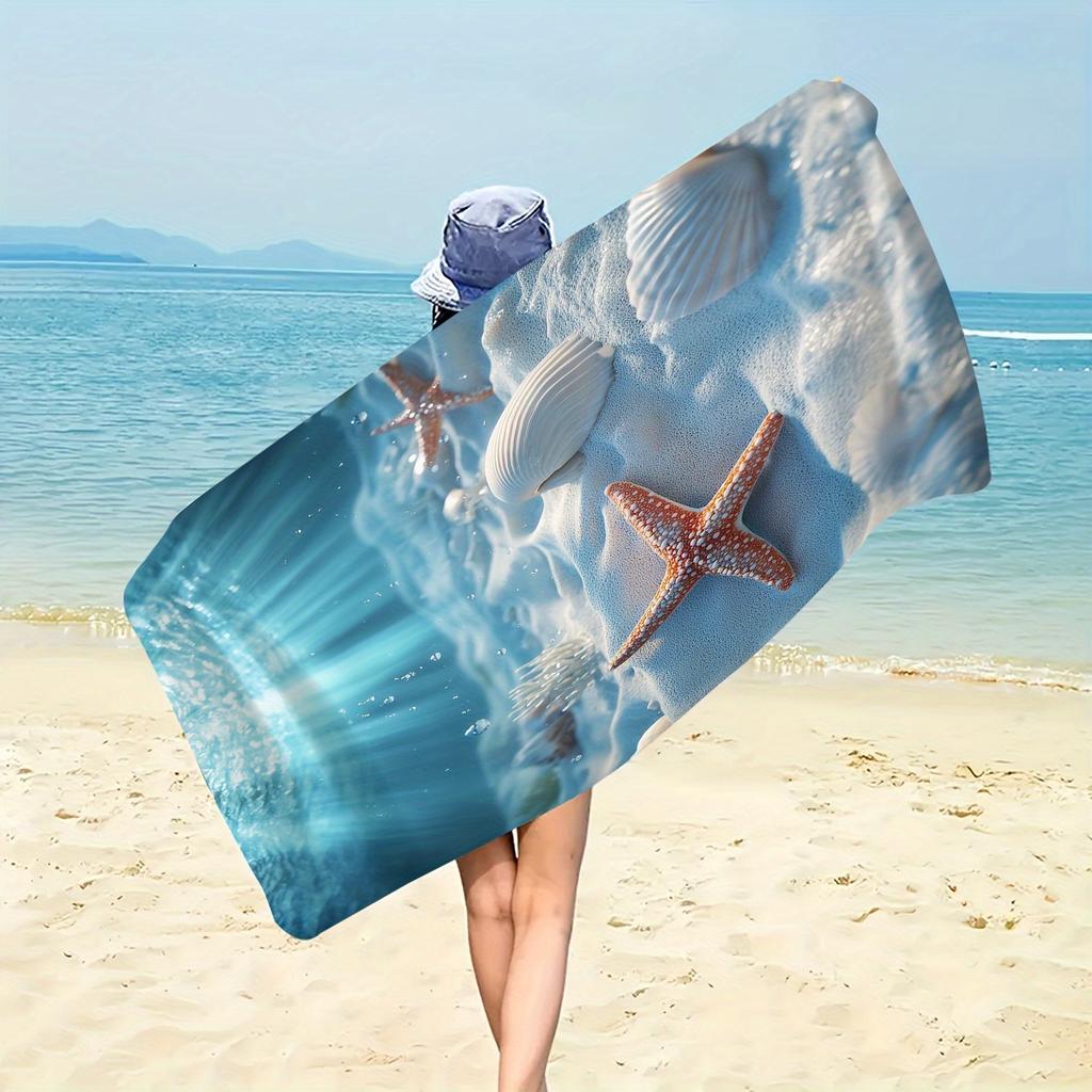 Beach Towel 70x140cm Ultra Absorbent Microfiber with 3D Underwater Scene: Starfish, Shells & Sun Rays on Sandy Seabed