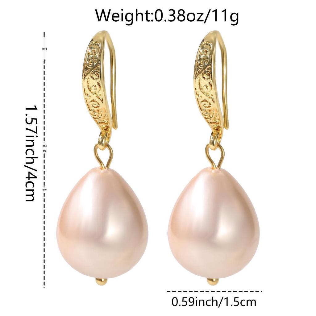LNCHRAN Copper Gold-Plated Retro Carved Water Drop Imitation Pearl Luxury Women's Earrings
