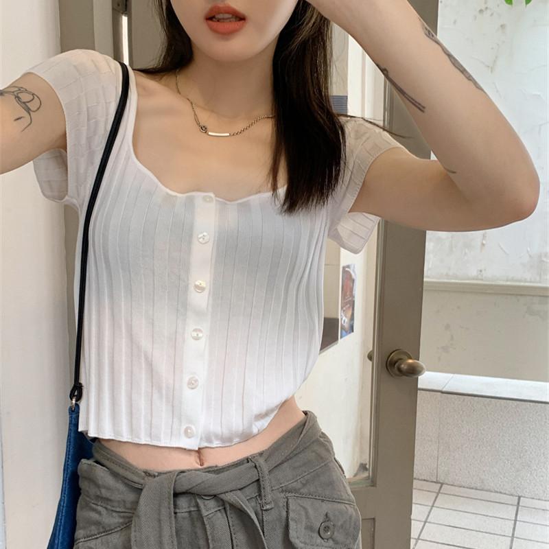 Versatile Large U-neck Pit Stripes Short Section Button Knit Cardigan Summer Slim Short-sleeved Blouse Female Casual Essential Slim Fit Pullovers Tees