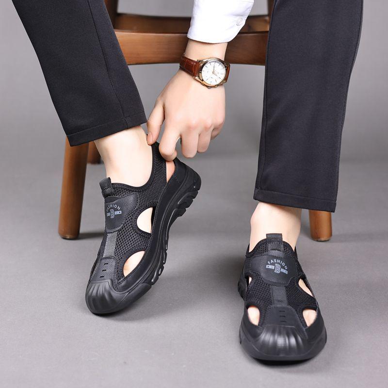 2024 Men's Summer Genuine Leather Breathable Sandals: Mesh Driving, Outdoor, Leisure, Wading & Beach Shoes