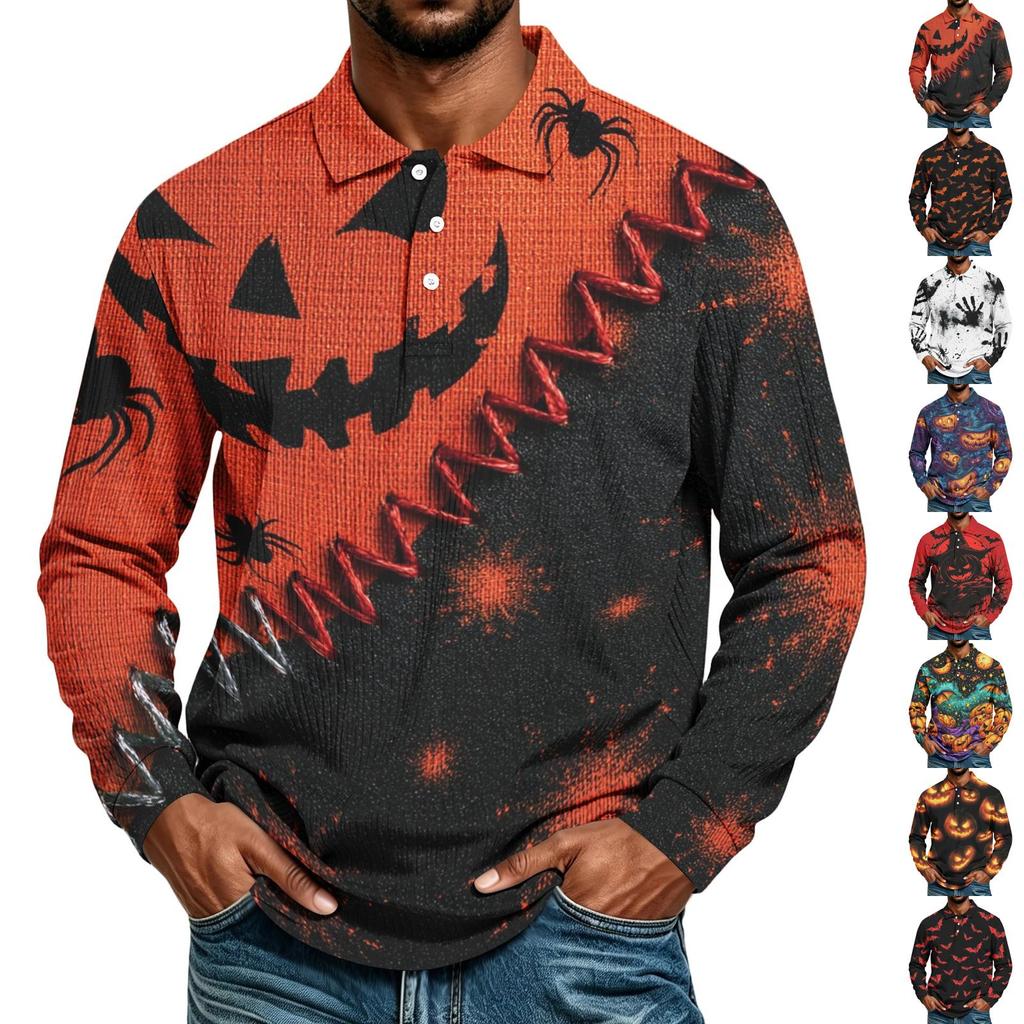 Men's Casual Halloween Printed Long Sleeve Shirt Loose Fit Top