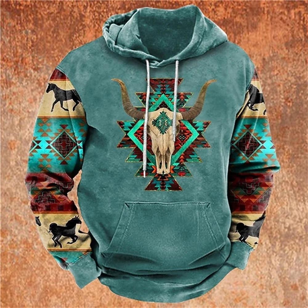 Indian Cowboy Autumn Winter Retro Men Hoodies Vintage Pullover Fashion Oversized Sweatshirt Long Sleeve Casual Tops Clothing
