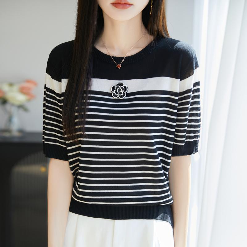 Women Knit T-shirt MODERN NEW SAGA Summer Knitted Shirt Short Sleeve Tees O-neck Patchwork Pullover Knit Tops