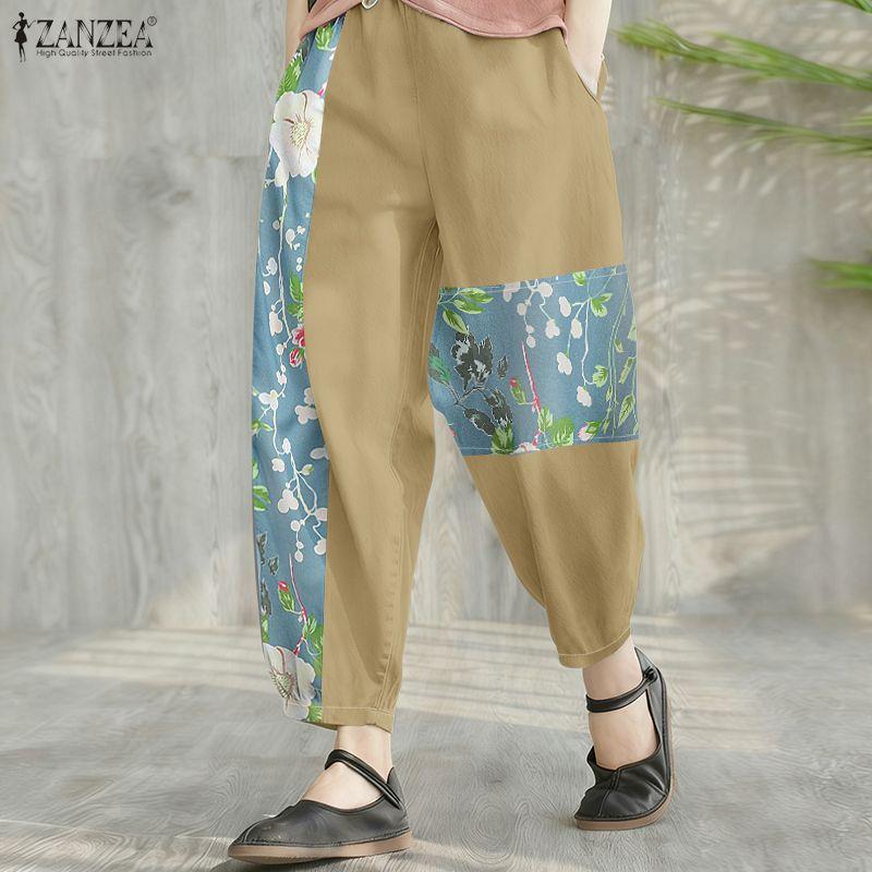 ZANZEA Women Casual Elastic Waist Loose Print Cropped Pants