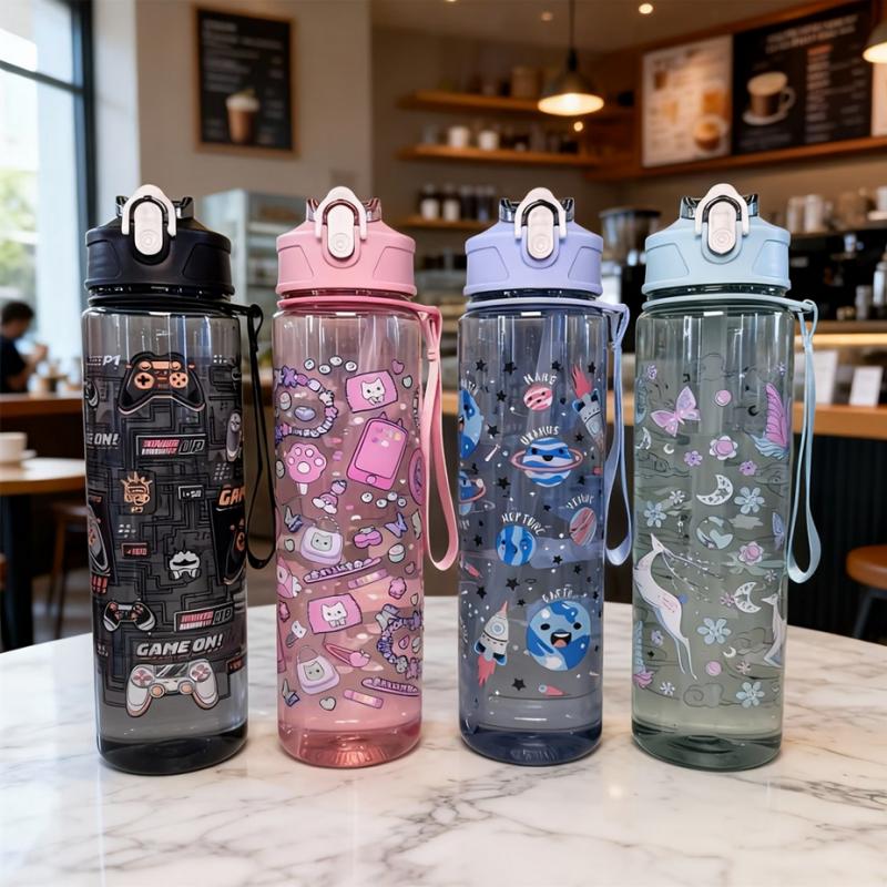 750ml Cute Cartoon Pattern Water Bottle, Large Capacity Portable Leak-Proof Tumbler with Carry Strap and Straw for Sporting