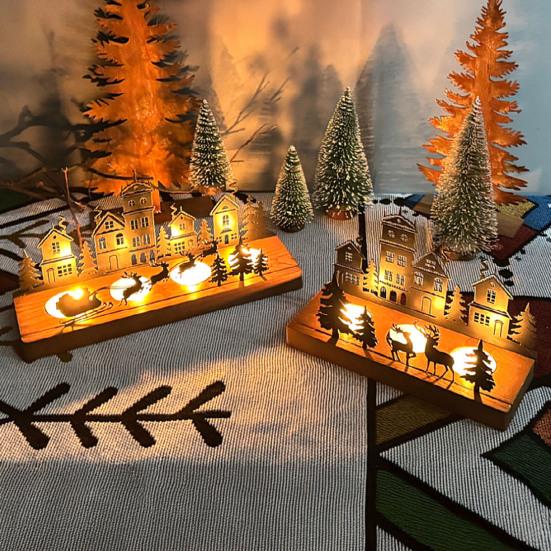 Solid Wood Iron Holder Christmas Town Silhouette Candle Holder, Wooden Tea Light Stand for Indoor Ornament Tabletop Decoration, Metal Festive