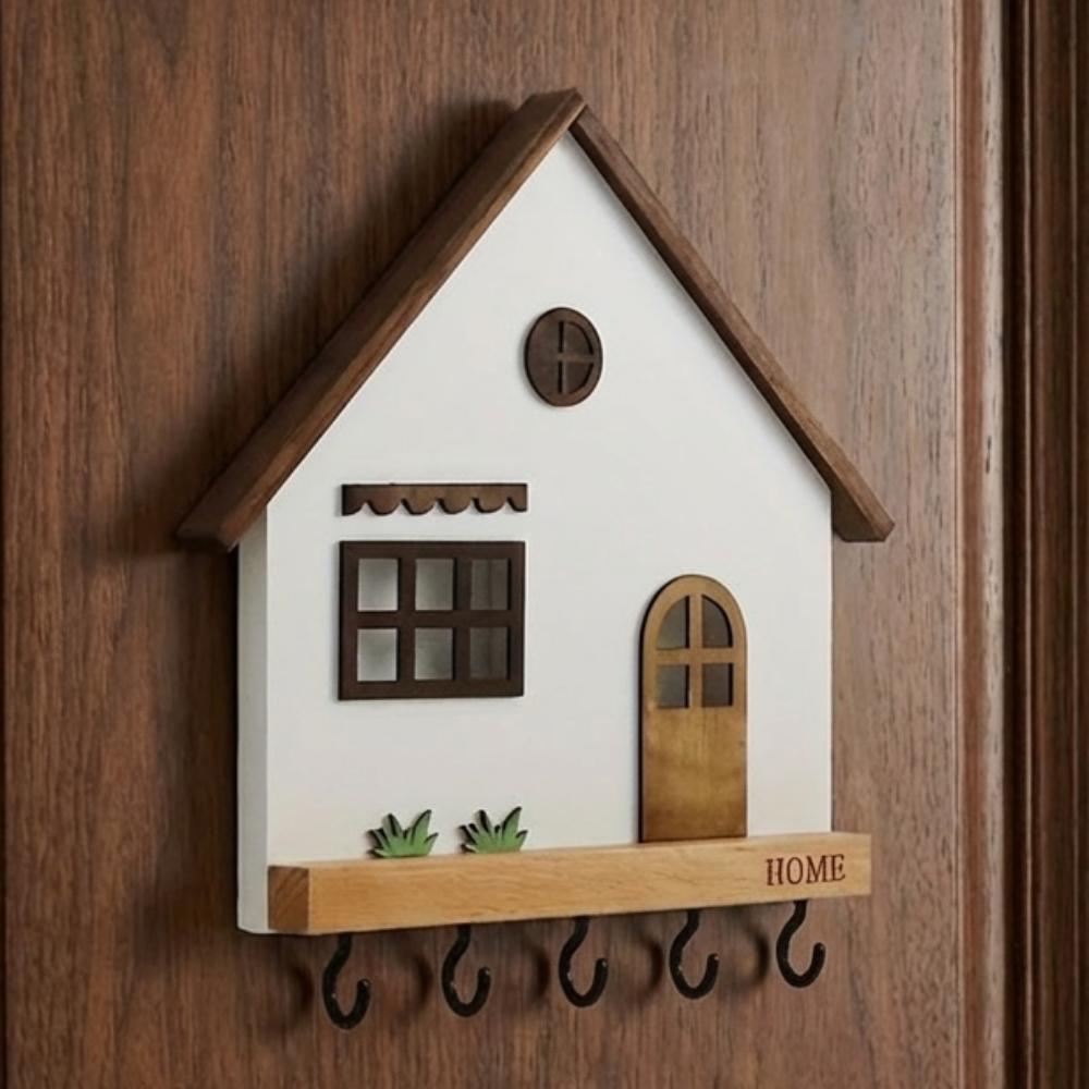 Holz-Wandhalter Schlüsselhalter 5 Haken Design Hausform Dekorativer Haken Rustikales Mehrzweck-Schlüsselbrett Schlafzimmer Dekoratives Regal