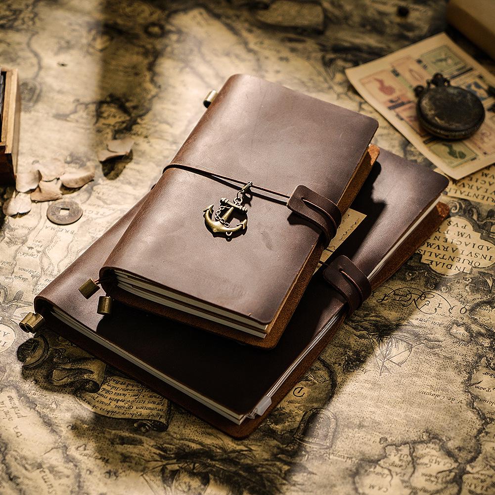 Vintage Crazy Horse Leather Travel Notebook - Handmade Cowhide Loose-Leaf Diary.