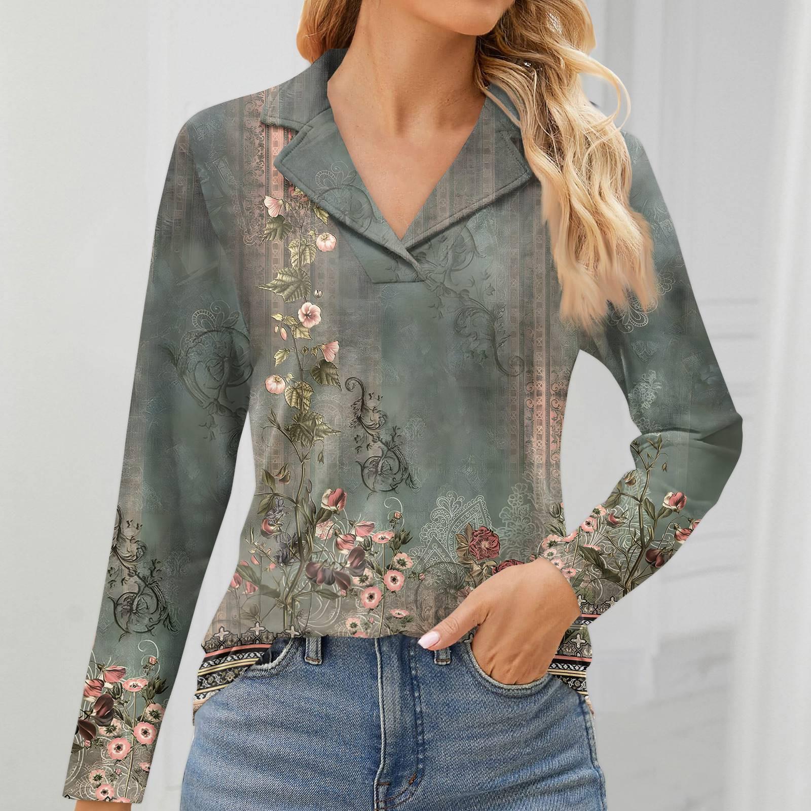 

Женская мода для отдыха с длинным рукавом и V-образным вырезом с цветочным принтом XL