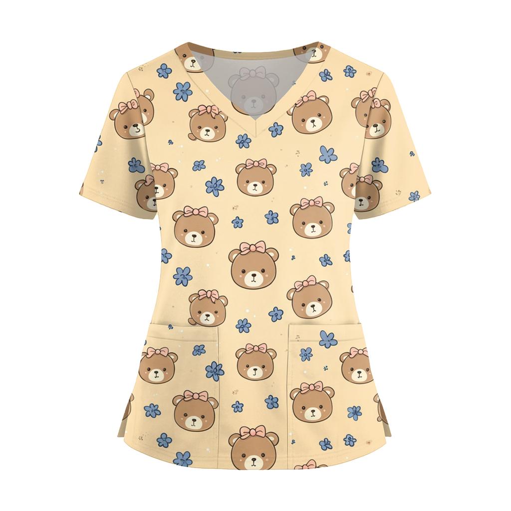 Women's Fashion V,Neck Short Sleeve Overalls With Pockets  Print Tops  Clothes