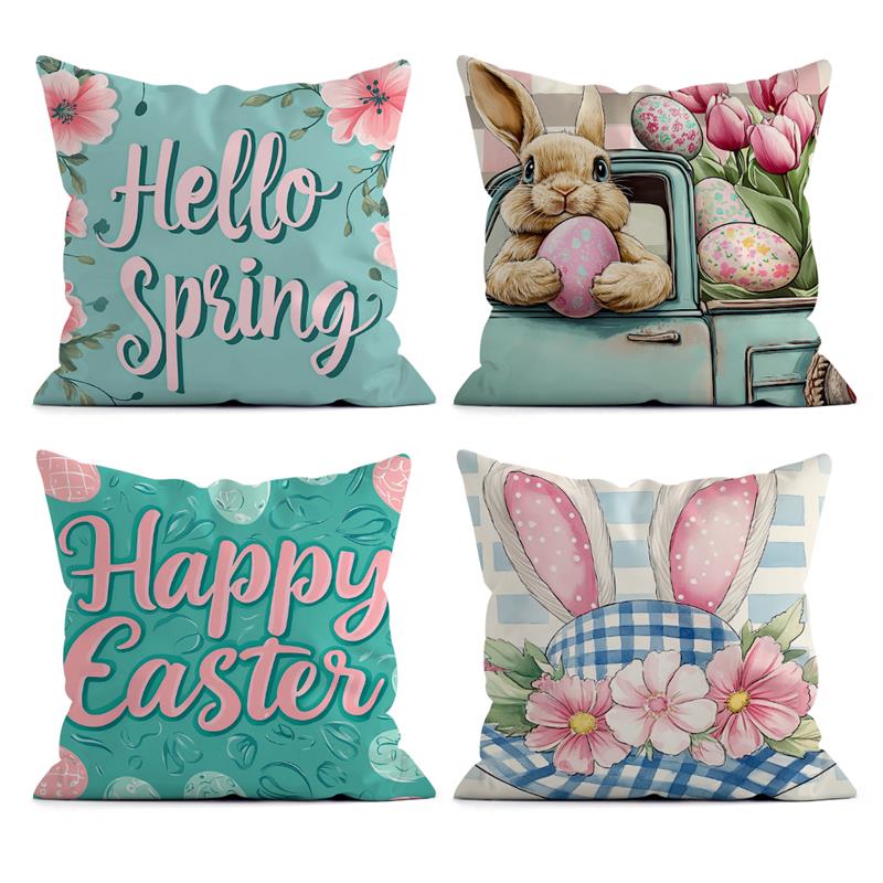 1 Pc Easter Throw Pillow Covers Easter Spring Bunny Eggs Pillow Case Home Decor For Couch Sofa Living Room Bedroom