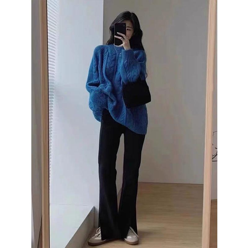 Autumn and winter new lazy wind twist thickened knitted sweater blue medium and long large size loose pullover sweater women