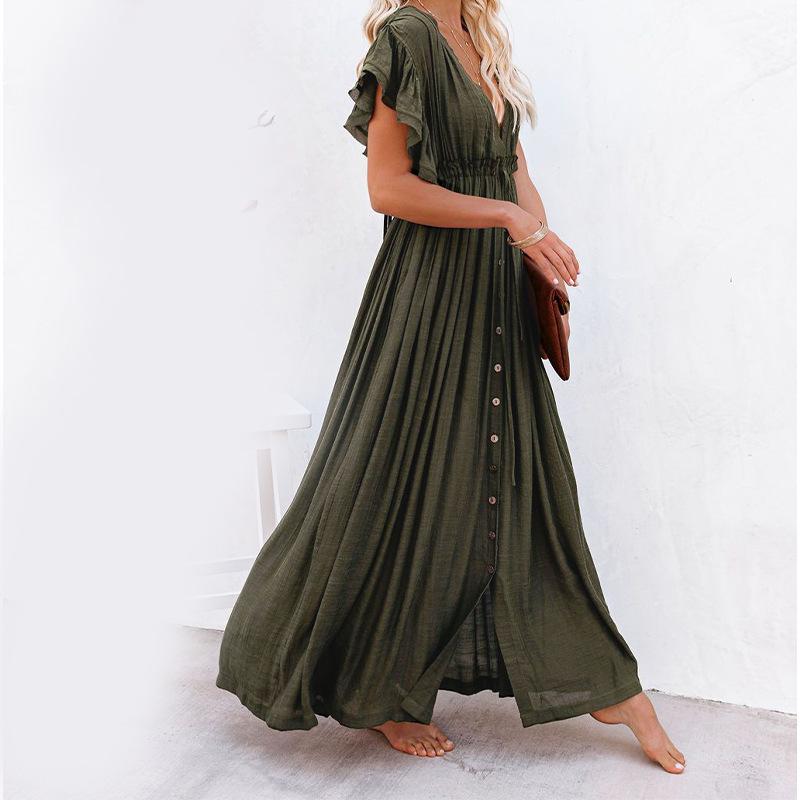 Solid Color Beach Cover-Up Long Dress with Sun Protection