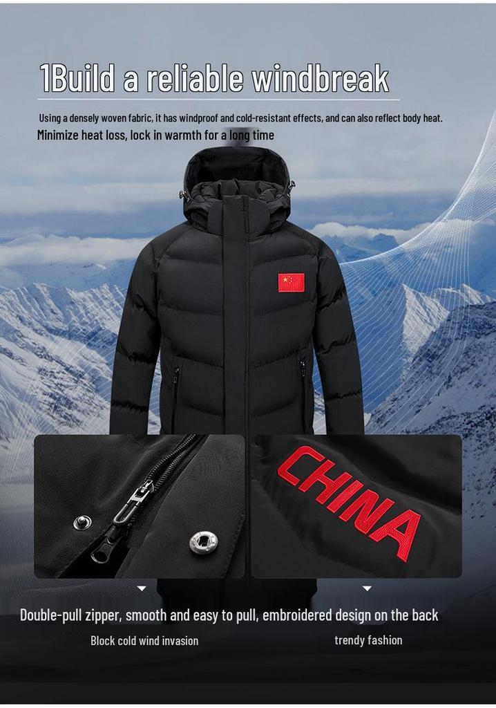 Men's Long Fleece-Lined Cotton Winter Training Coat for Students