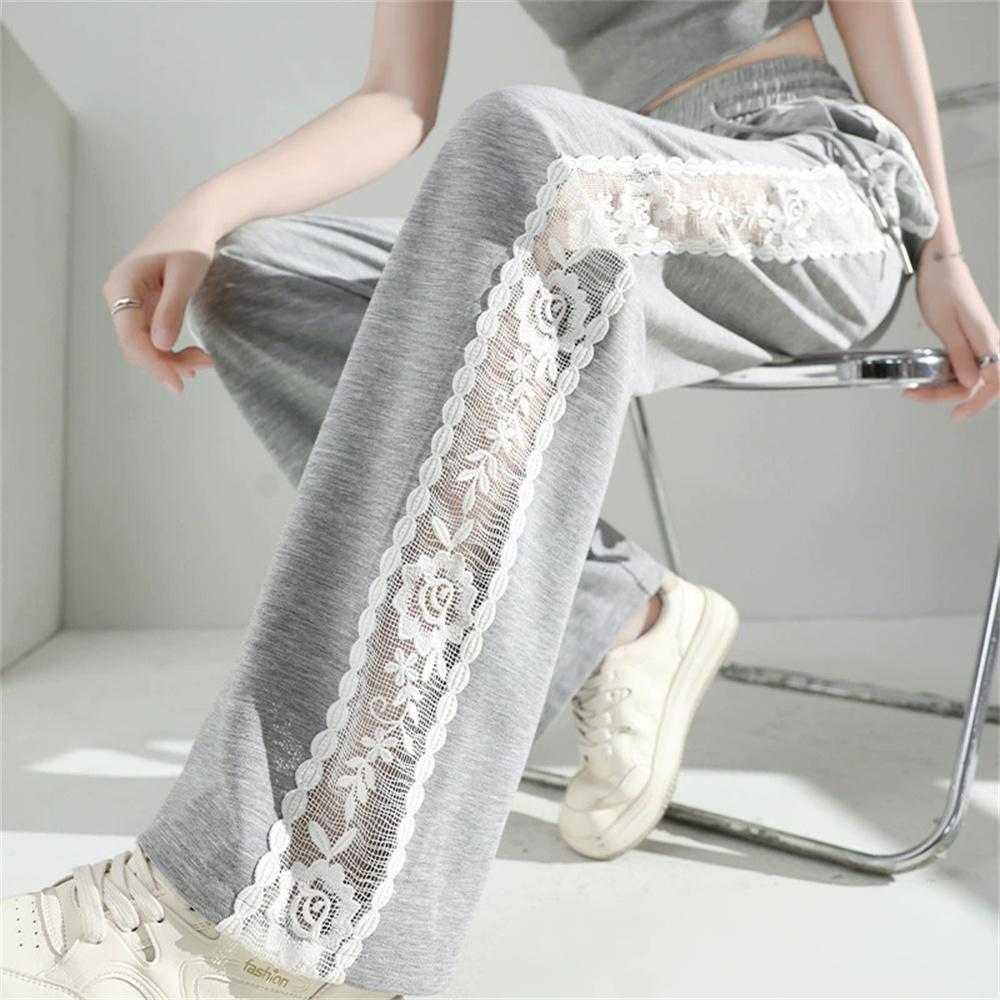 

Fashion Summer Autumn Thin Wide-leg Pants for Women Lace Hollowed Out Sports Straight Breathable Sunscreen Trousers 2XL сірий