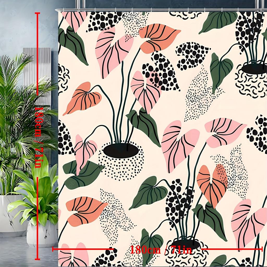 Water-Resistant Curtain - Abstract Plant & Dots, 71In, Polyester, 12 Hooks, Fits Bathtubs