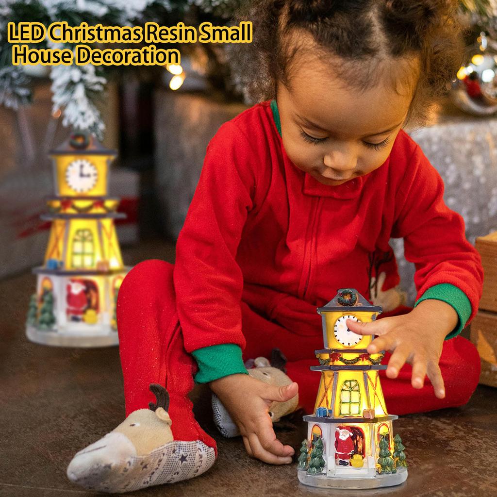 LED Christmas Resin Small House Ornaments Luminous Resin Clock Tower