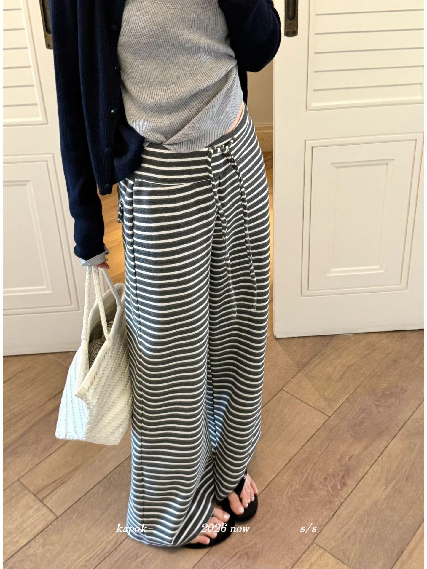 Thirteen Rows Kapok Women s Spring Elastic Loose Striped Casual Trousers Small серый