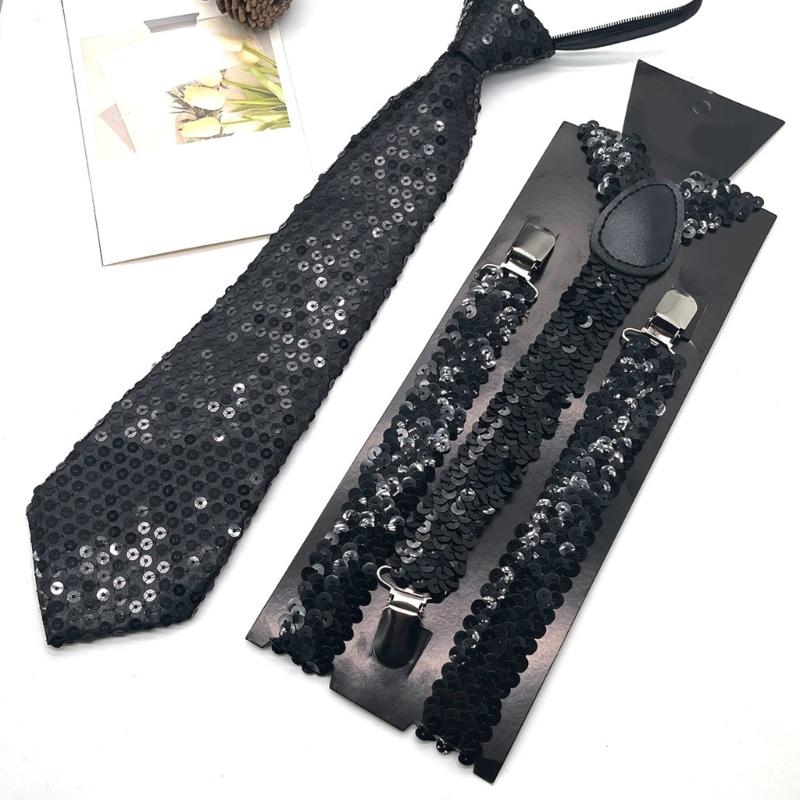 Verstellbares Pailletten Hosenträger und Krawatten Set für Herren mit Metallclip für Hochzeiten und Mottopartys Kostümzubehör