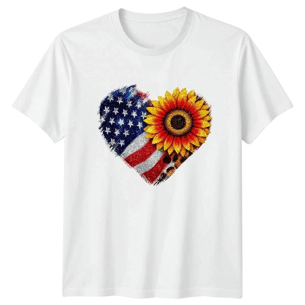 Sunflower American Flag Heart Unisex T Shirt 4th Of July Gift S