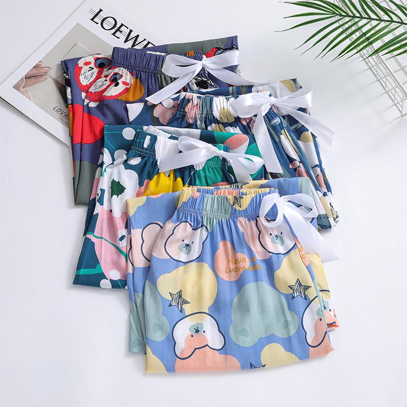 Damen Übergröße Baumwolle Viskose Pyjamahose, Cartoon-Blumendruck, Lockere Neun-Punkt-Strandhose, Outdoor-Bekleidung