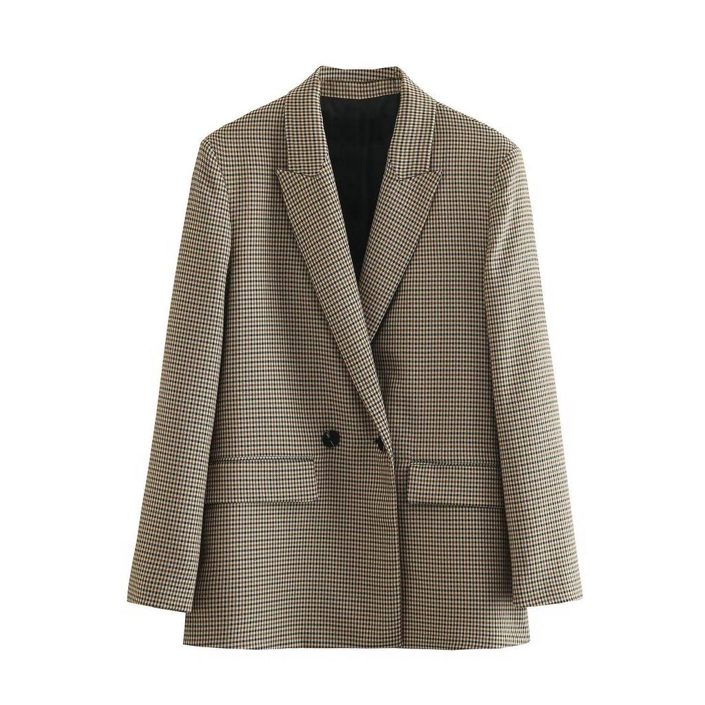 2024 Women's Winter Plaid Double-Breasted Suit Jacket & Straight Skirt - European & American Style