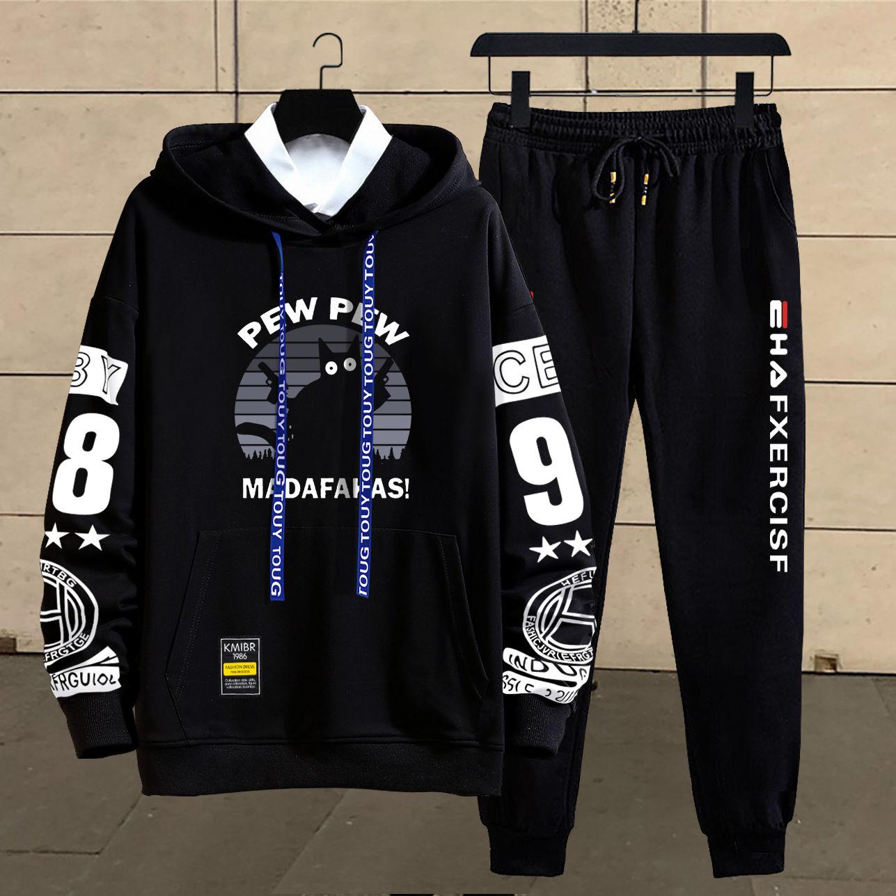 

Весенний костюм-свитер с принтом кота, мужской спортивный костюм, пуловер с капюшоном, студенческая спортивная одежда, повседневная свободная одежда M чёрный