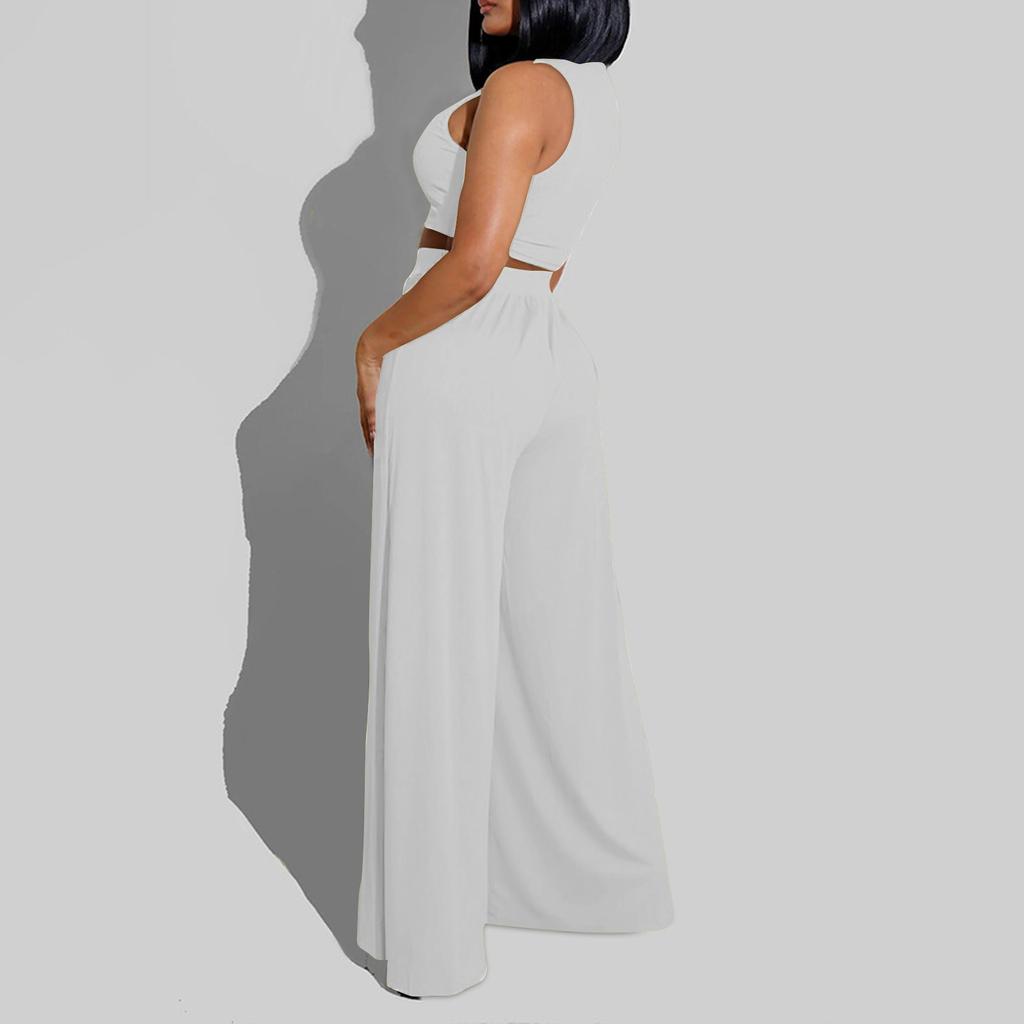 Women 2 Piece Outfits Spring Summer Tracksuits Mock Neck Sleeveless Cutout Crop Top Wide Leg Long Pants Sweatsuits