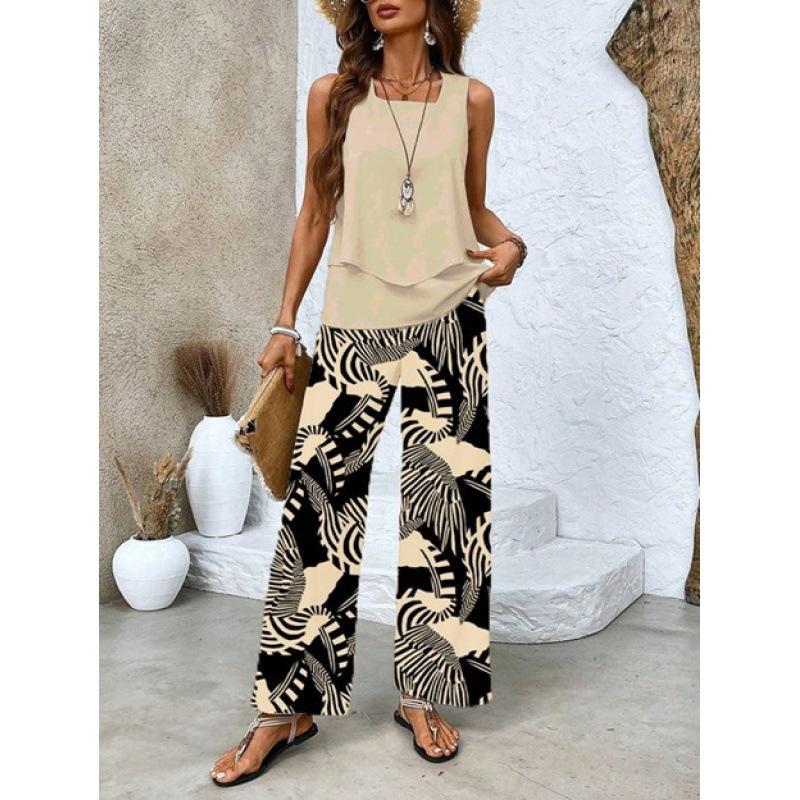 New spot European and American women's clothing hot-selling sleeveless double-layer vest pants set T-shirt