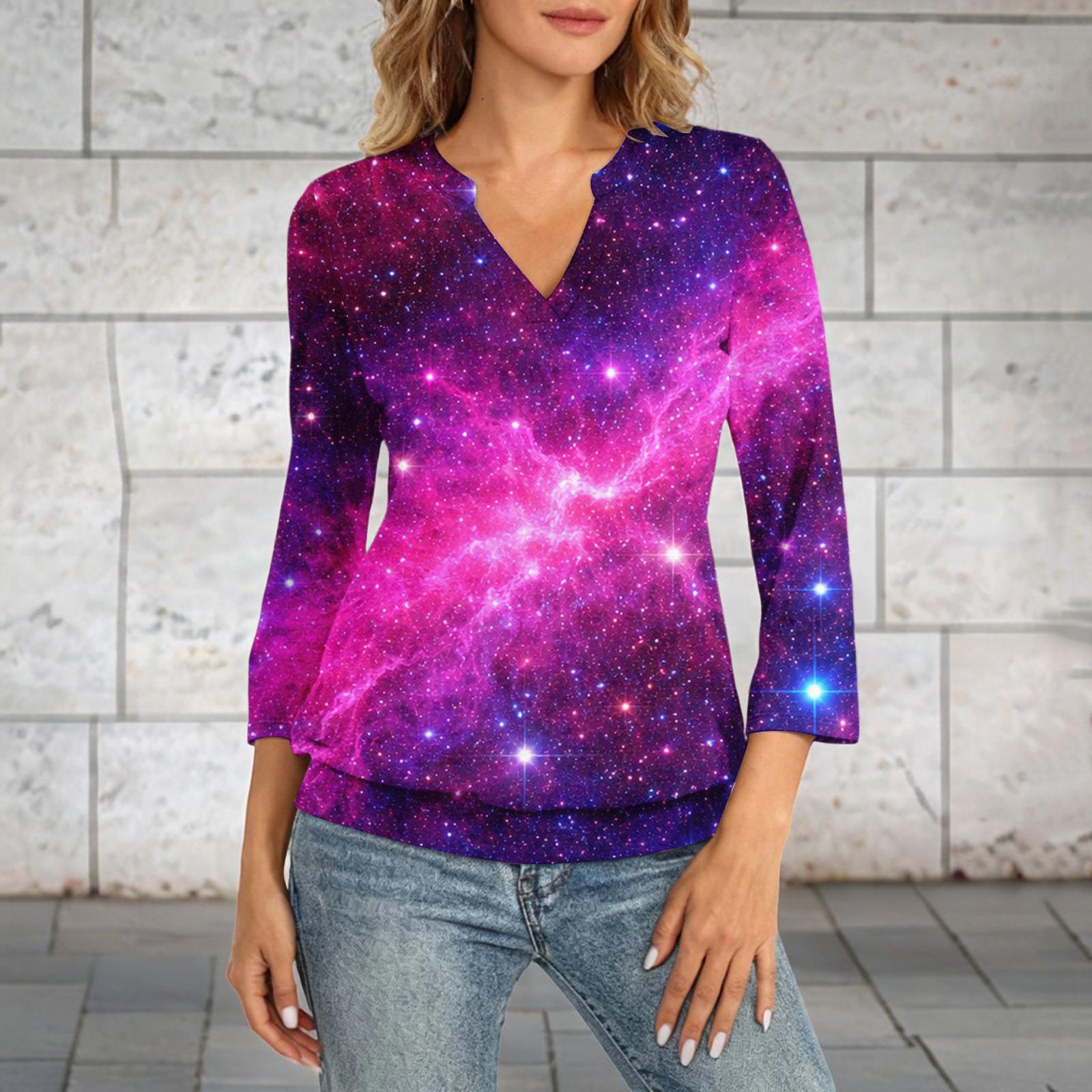 

Women s 3/4 Sleeve Top Neck Hem V-Neck Summer Casual -Shirt Star Printed Top XXXL