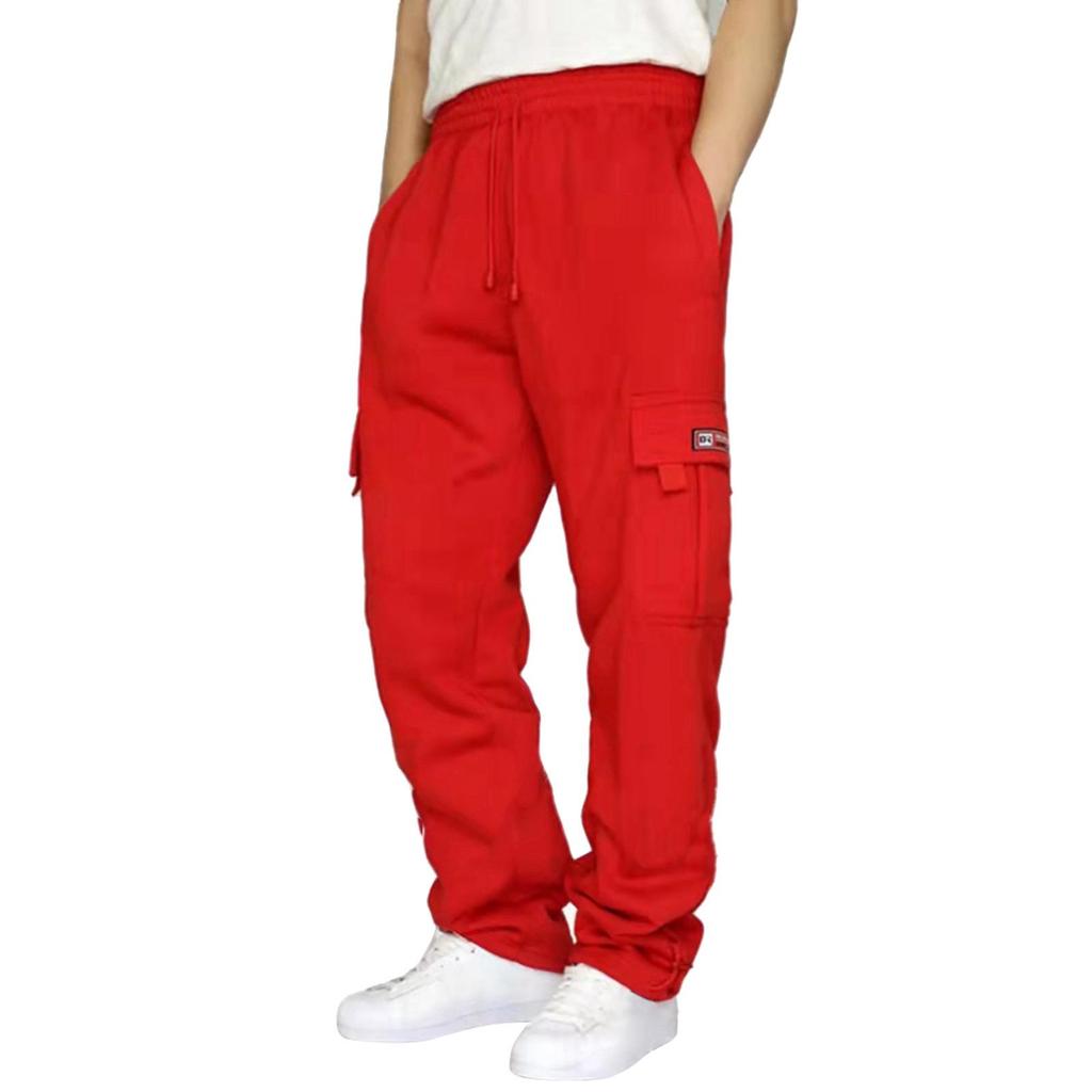 Men's Fleece-lined Sporty Casual Cuffed Ankle Multi-pocket Drawstring Loose Workwear Pants