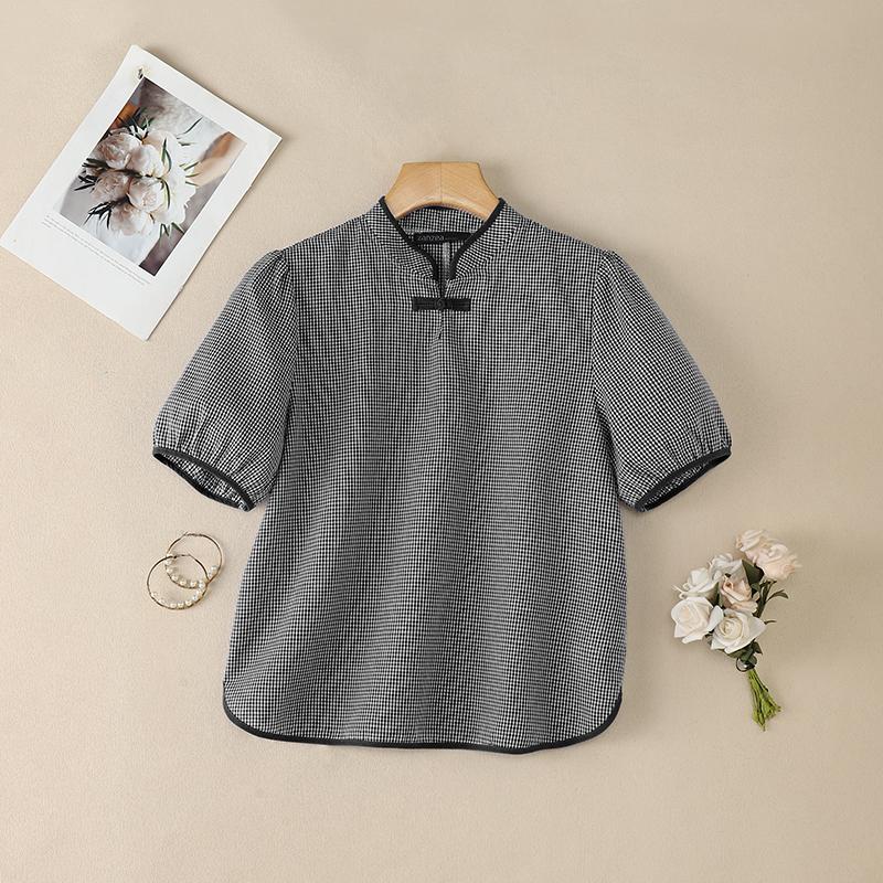 ZANZEA Women Casual Stand Collar Short Sleeve Grid Print Blouse S чёрный