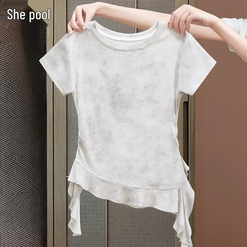 She Chi Women s Irregular Ruffle Hem Pleated T-Shirt S грязно-белый