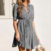 Women’s Casual Striped Short Sleeve V Neck Button Down A Line Shirt Dress with Adjustable Waist and Collar Design