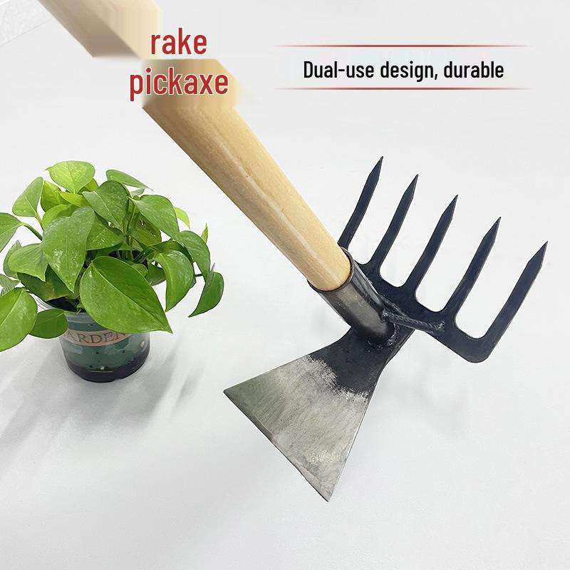Two-in-One Manganese Steel Rake Hoe for Weed Removal and Planting Four-Tine Rake Hoe Single Head