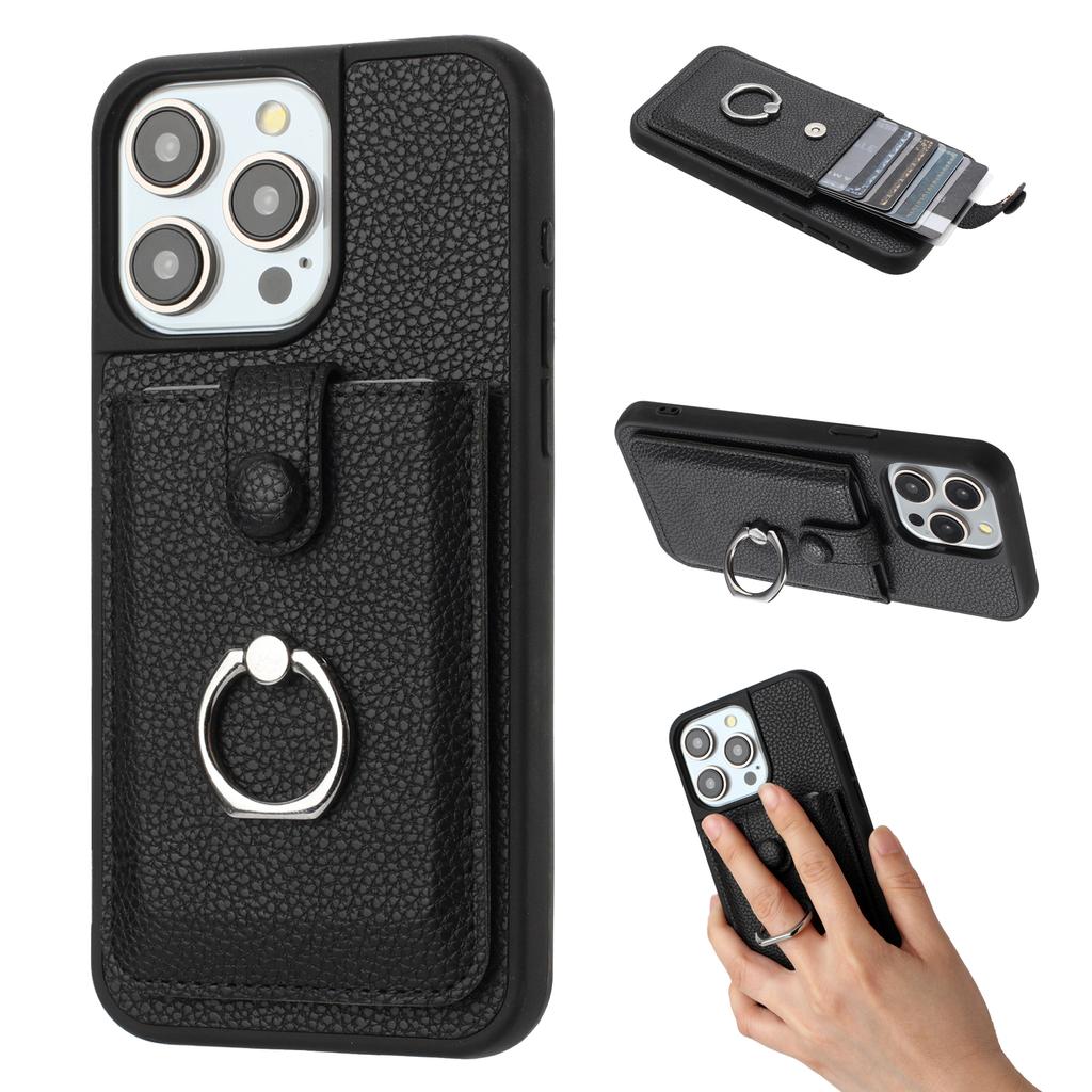 For iPhone 15 Pro Max Case Drawing Type Card Slots Litchi Texture Leather Back Cover with Ring Kickstand