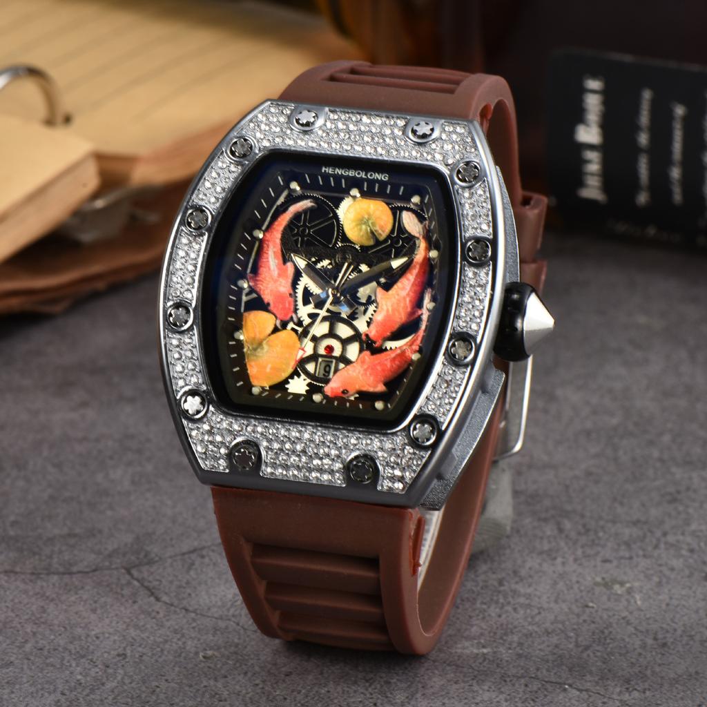 2025 Hengbolong Diamond Quartz Watch Men's Fashion Koi Pattern Strap Calendar Silicone Watch Strap