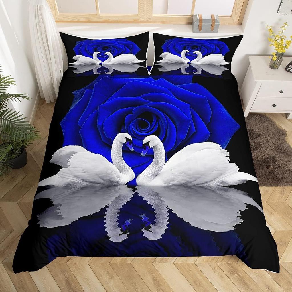 Red Rose Beding Set White Swan Soft Duvet Cover Quen Wild Animal Romantic Flower Warm Comforter Cover for Young Girls Woman Lady Weding Decor