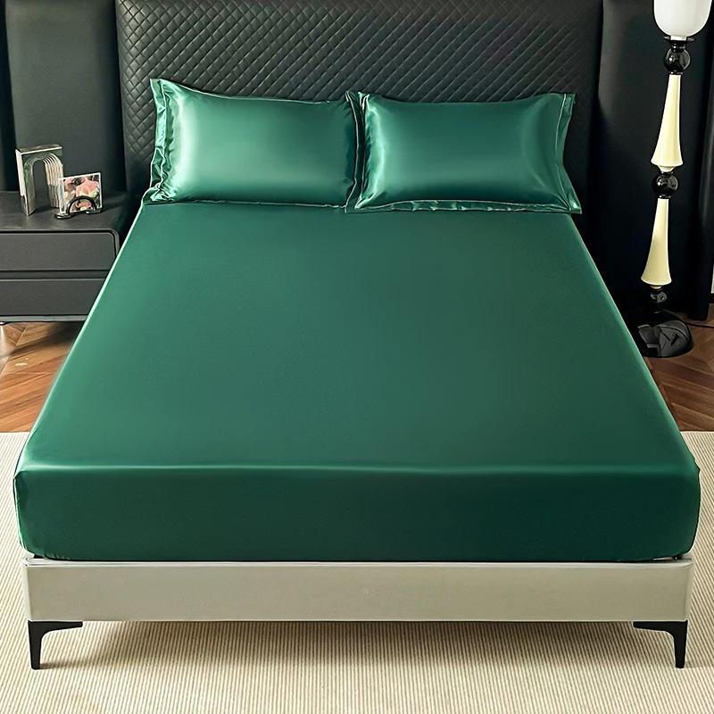 3PCS/1 Set Luxury Satin Fitted Sheet Set Satin Elastic  Silk Bed Cover Sheet Solid Mattress Cover 1 Bed Sheet with 2 Pillow Cover