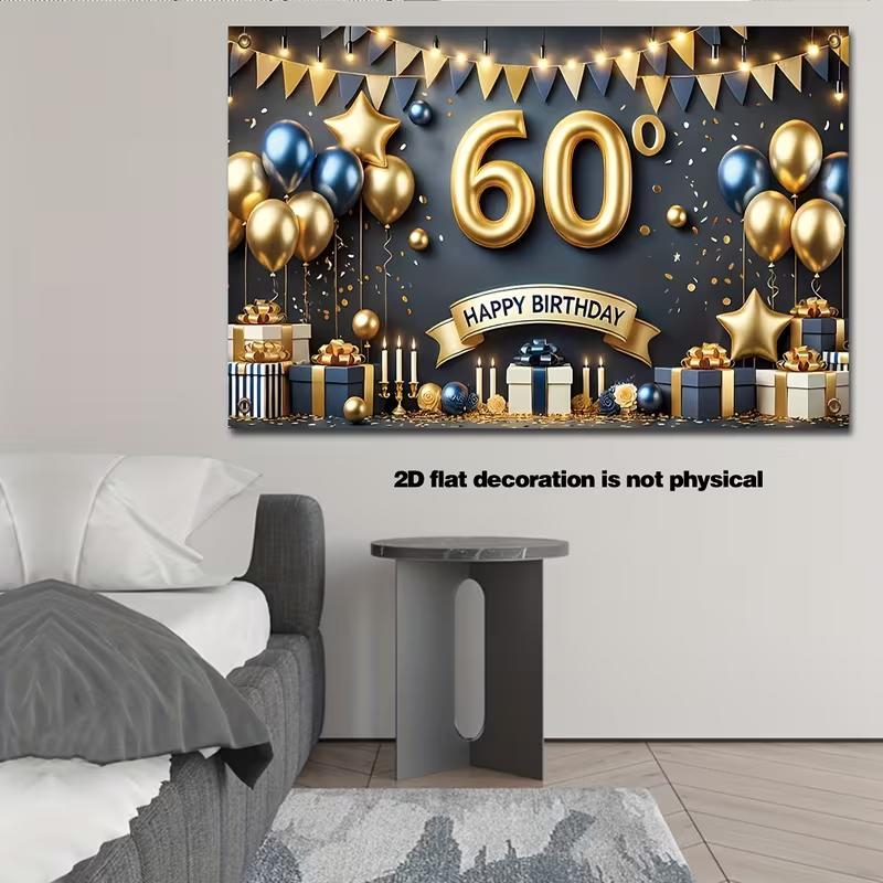 2D Blue & Gold 60th Birthday Backdrop, Luxury Balloon Gift Themed Photography Background