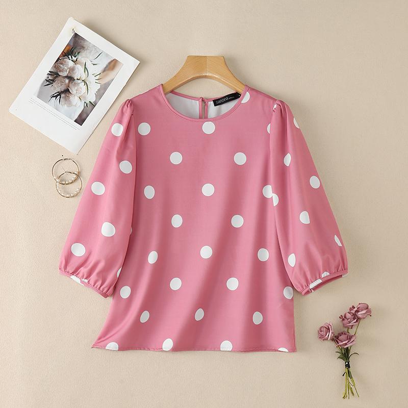 ZANZEA Women Polka Dot Print Casual Round Neck 3/4 Sleeve Blouse S розовый