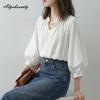 French Style Spring Summer Women Blouse V Neck Casual Loose Shirt Lantern Half Sleeve Basic Office Lady Blouse