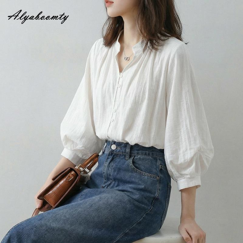 French Style Spring Summer Women Blouse V Neck Casual Loose Shirt Lantern Half Sleeve Basic Office Lady Blouse