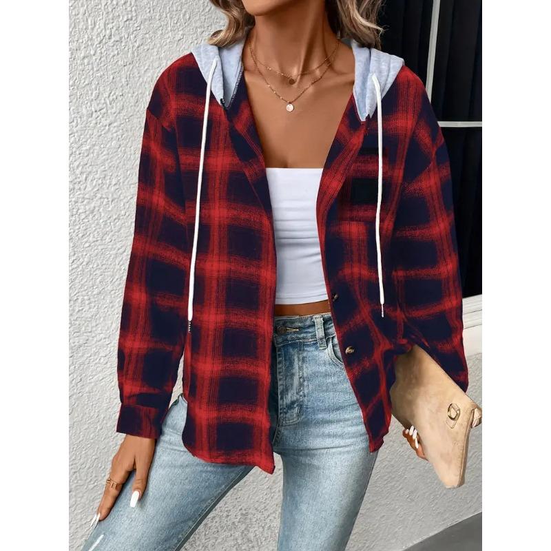 

Осенне-зимняя женская куртка-рубашка, клетчатая толстовка с капюшоном, повседневная рубашка на пуговицах, куртка XXL красный