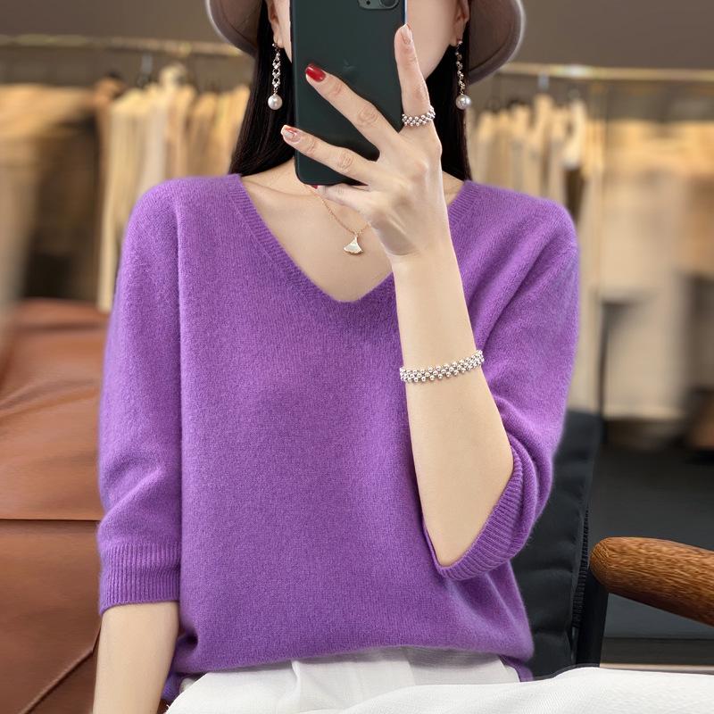 Women's 100% Pure Wool V-neck Short-Sleeve Knit T-shirt, Spring/Autumn Versatile Base Layer Sweater