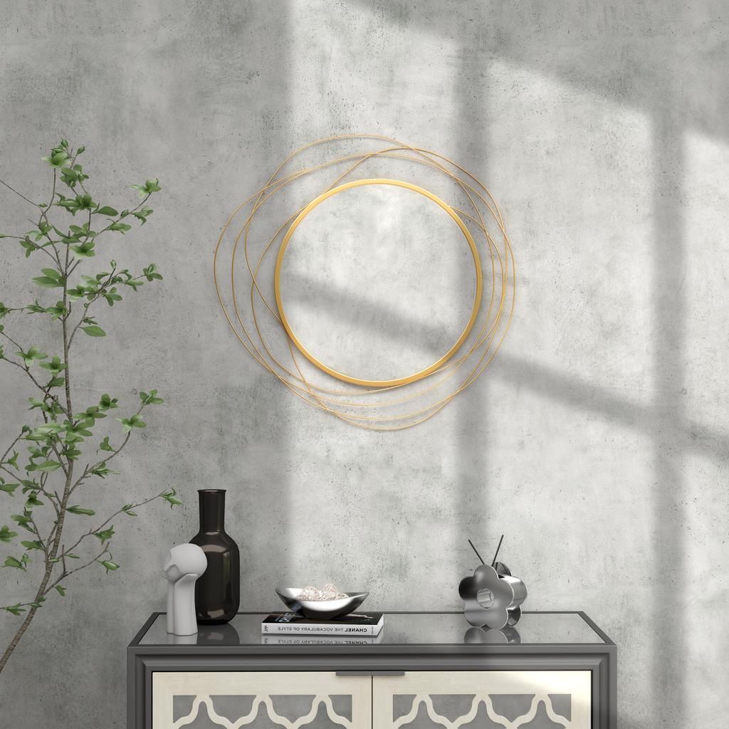 Metal Wall Art 65cm Modern Decorative Mirror Decor for Living Room Bedroom Dining Room, Gold Tone